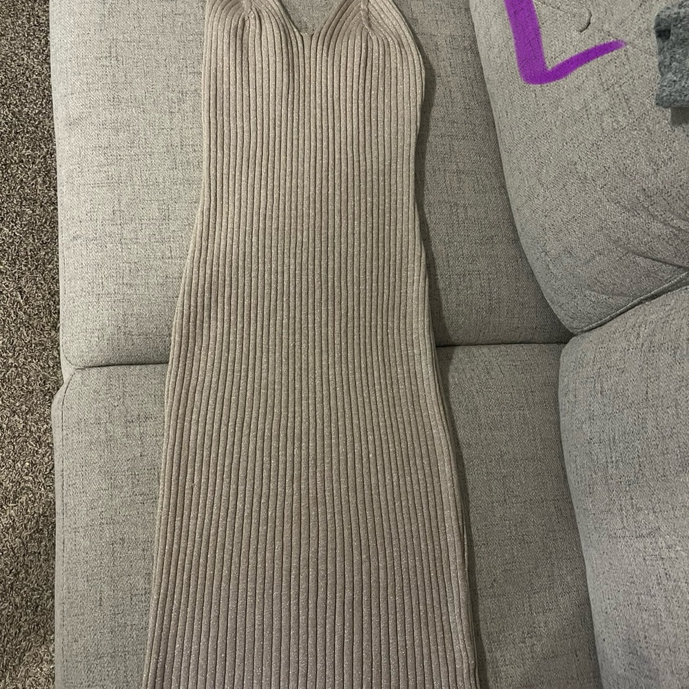 Elegant Shimmering Beige Ribbed Knit Dress